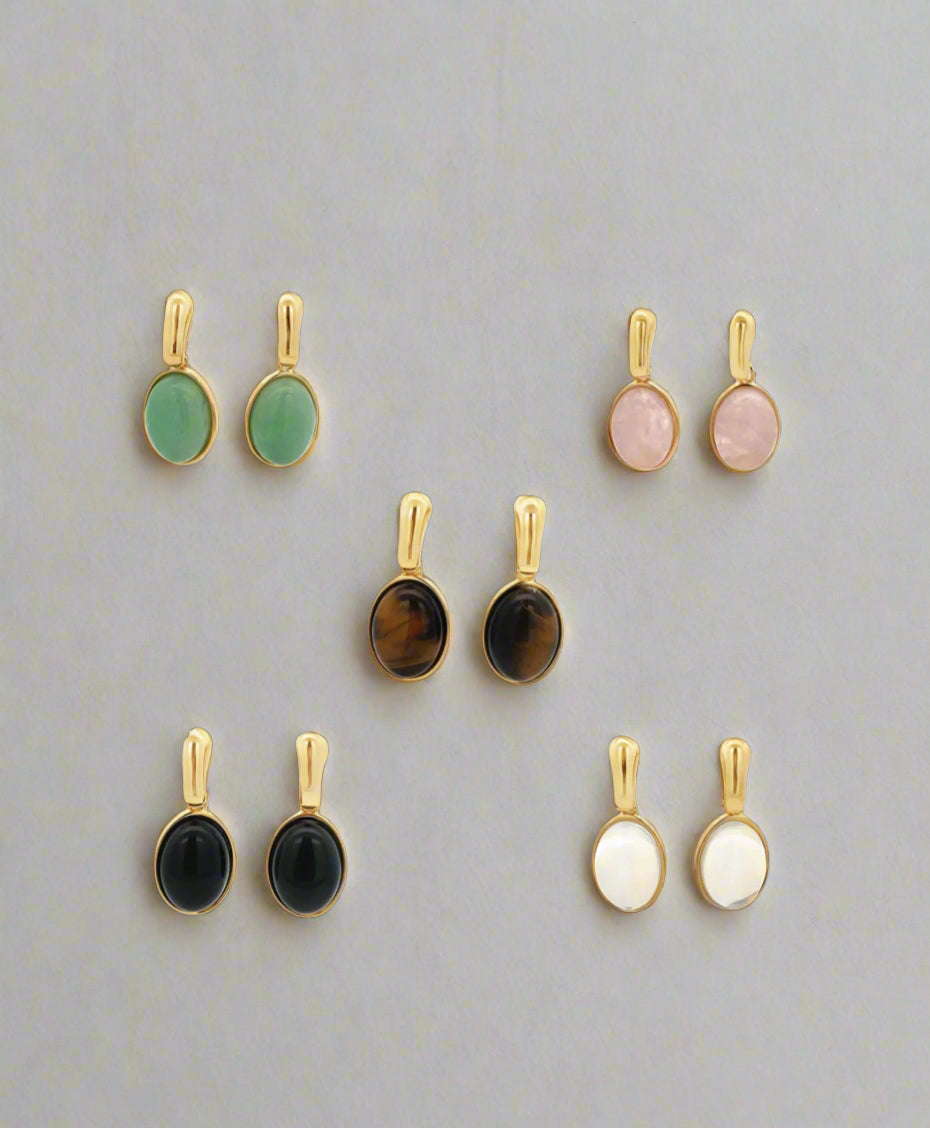 Oval Natural Gemstone Drop Earrings