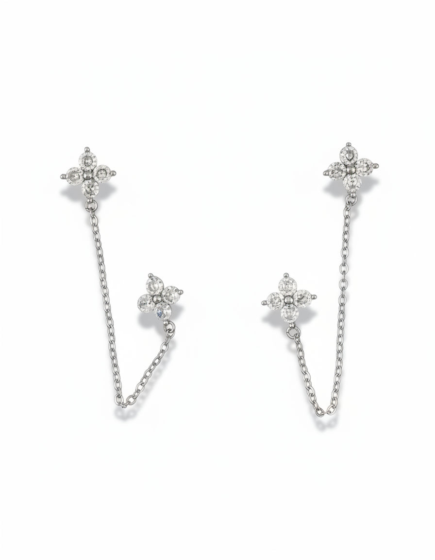 Double Piercing Flower Stud Earrings with CZ