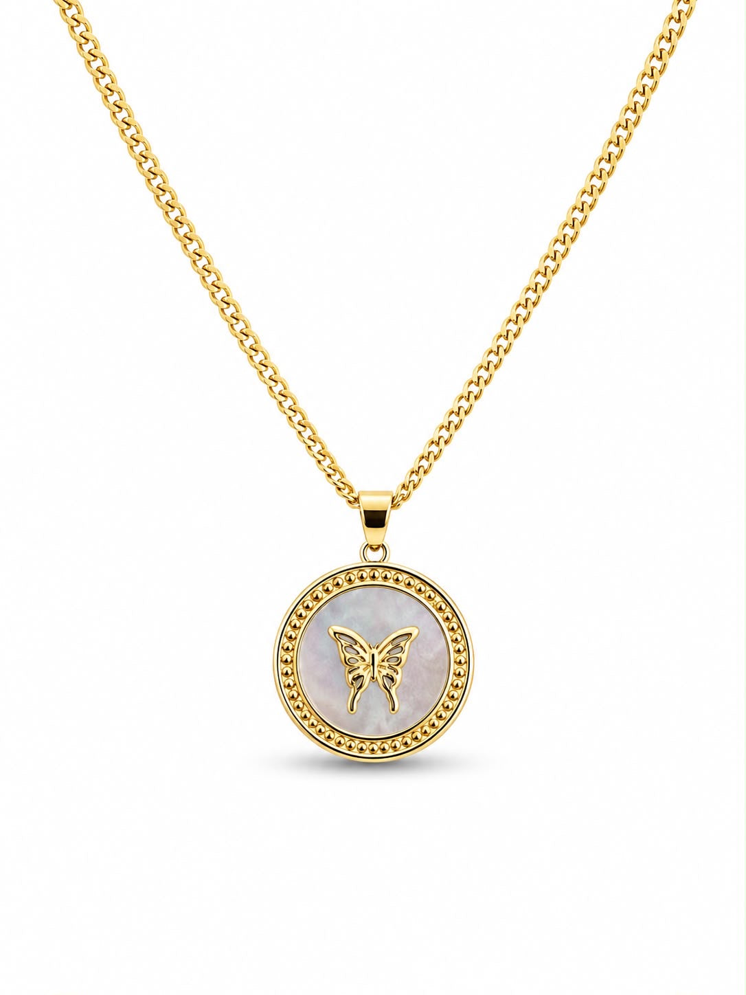 Mother of Pearl Butterfly Coin Medallion Necklace