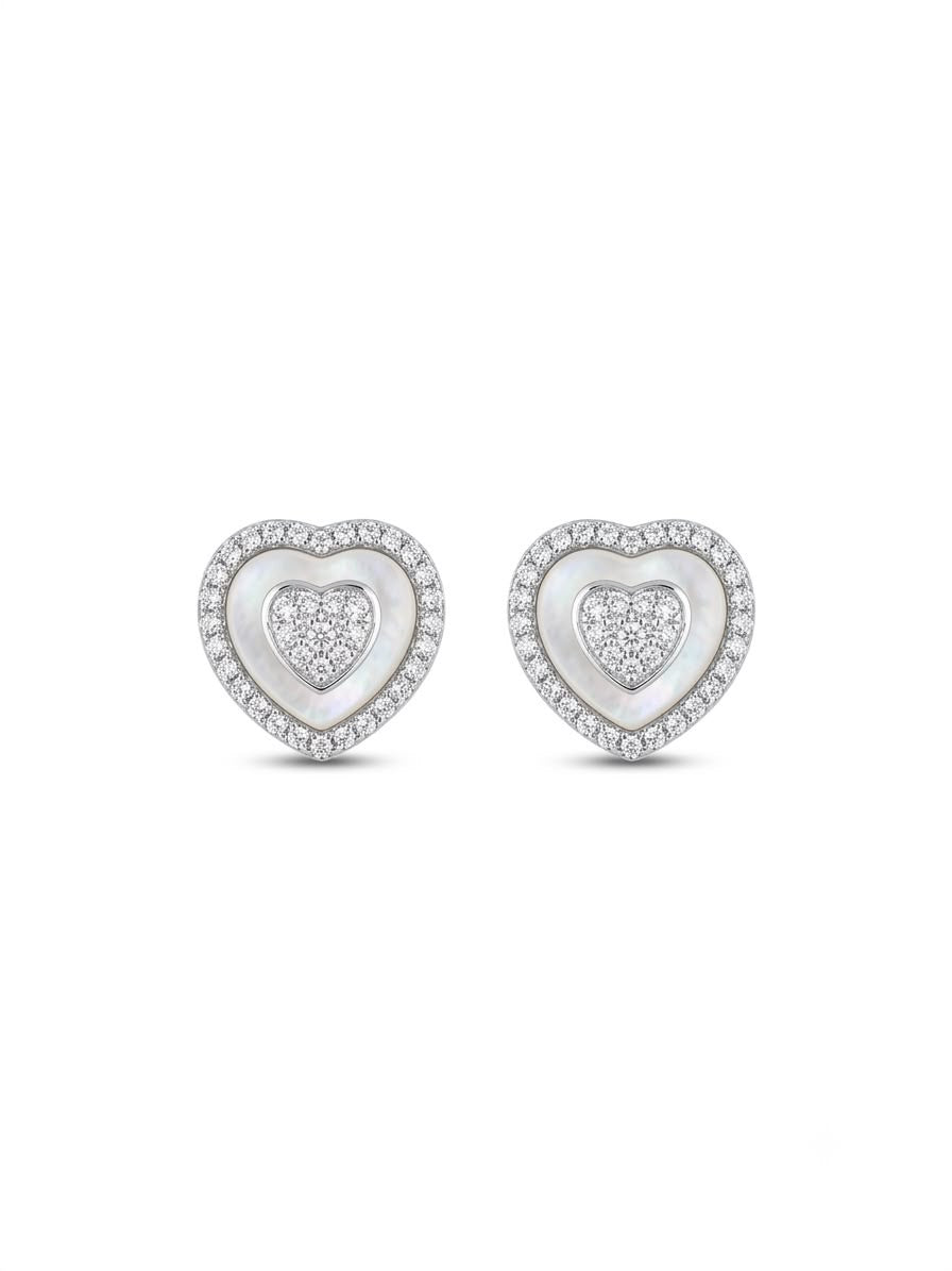 Mother of Pearl and Pavé CZ Layered Heart Earrings