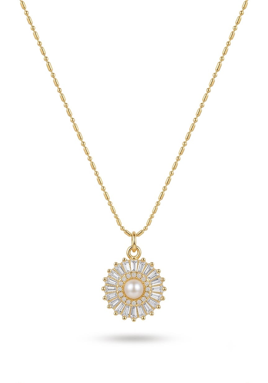 Pearl & Baguette CZ Sunburst Medallion Necklace