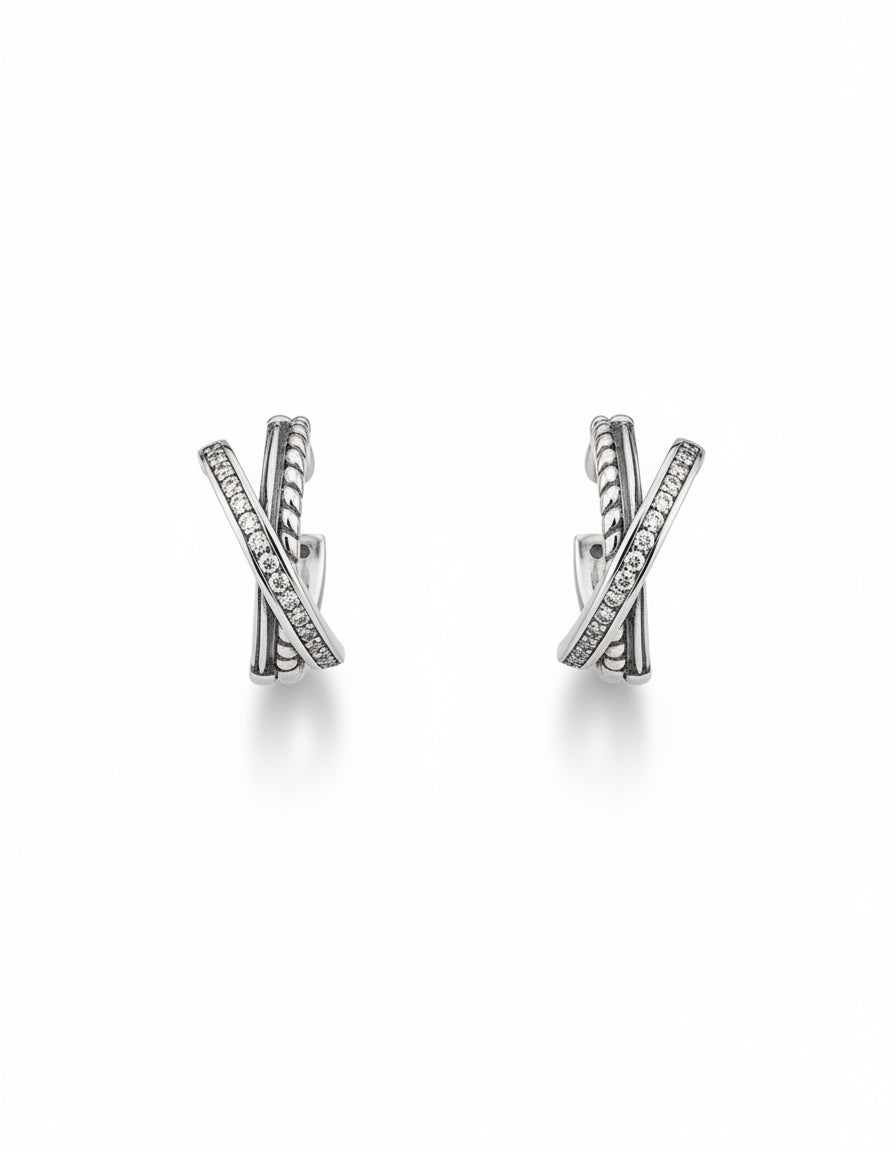 Crossed Hoop Earrings with CZ