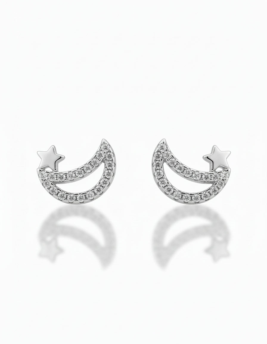 Moon and Star Stud Earrings with CZ