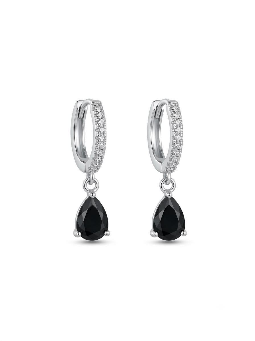 Black Onyx Teardrop Huggie Hoop Earrings