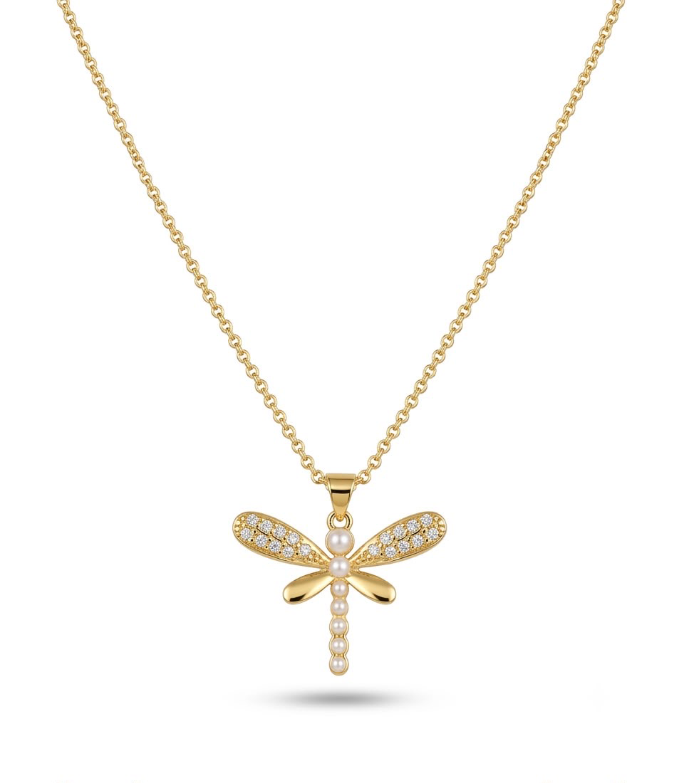 Pearl & Pavé CZ Dragonfly Pendant Necklace