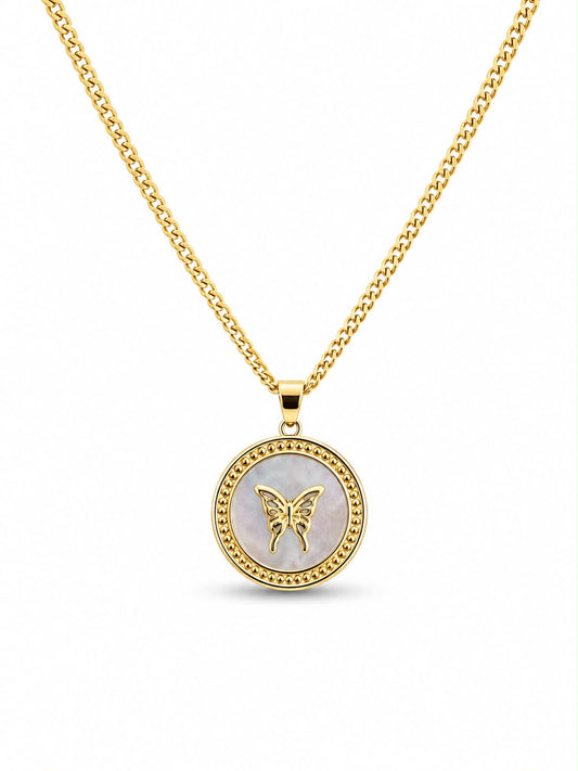 Mother of Pearl Butterfly Coin Medallion Necklace