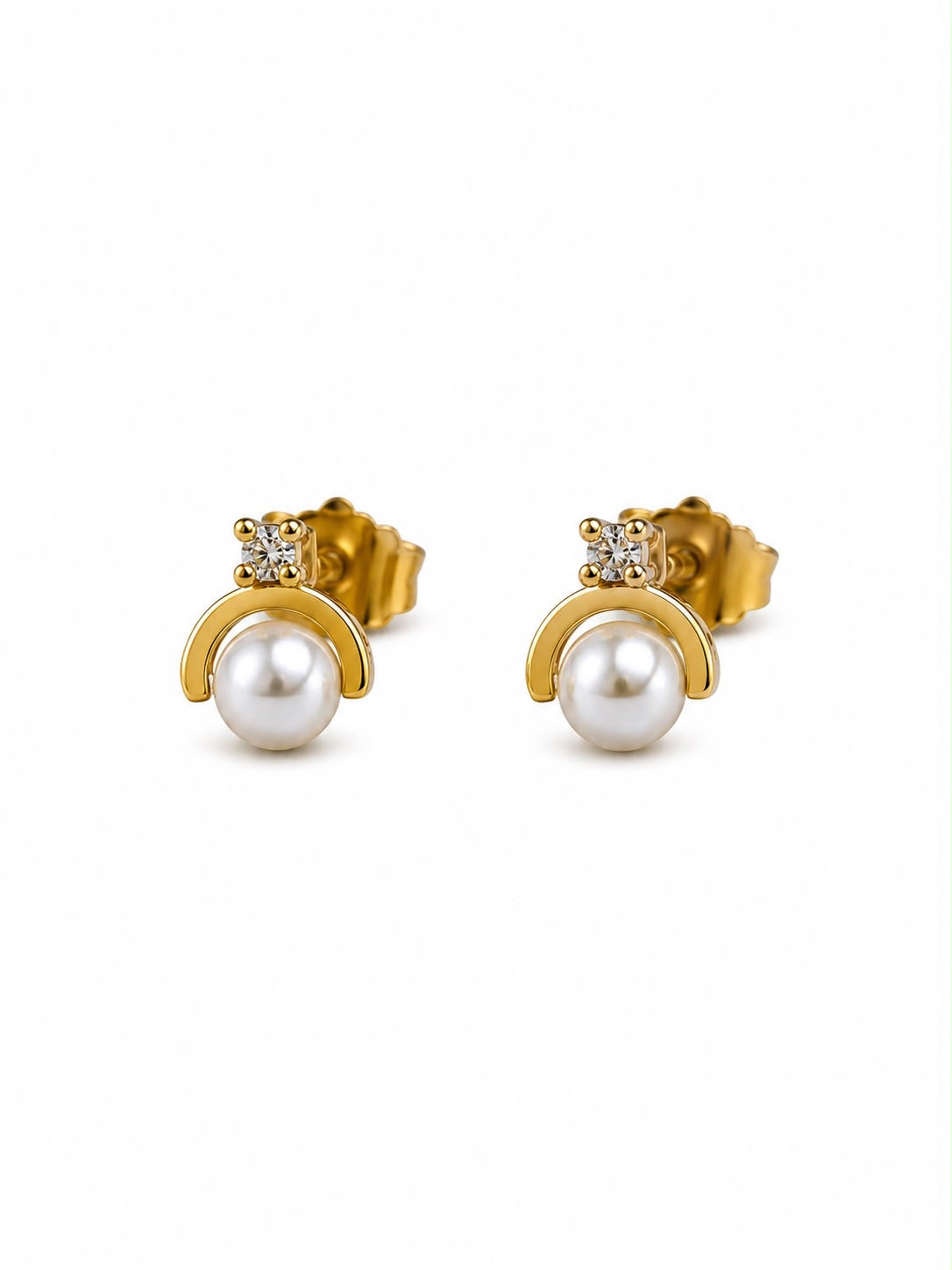 Gold Pearl and CZ Arch Stud Earrings