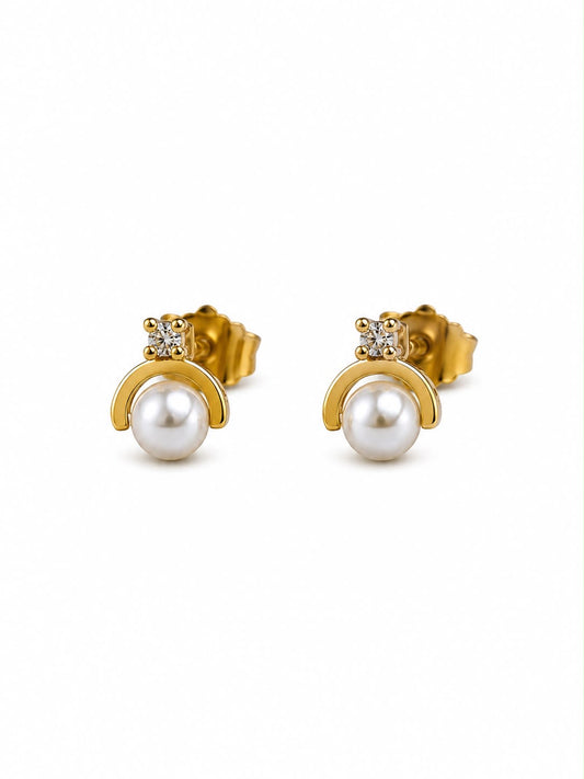 Gold Pearl and CZ Arch Stud Earrings