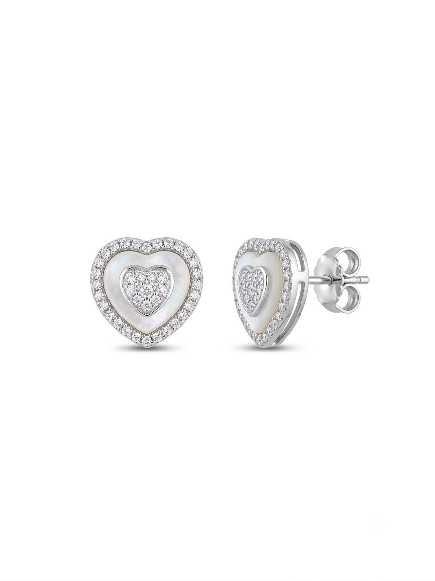 Mother of Pearl and Pavé CZ Layered Heart Earrings