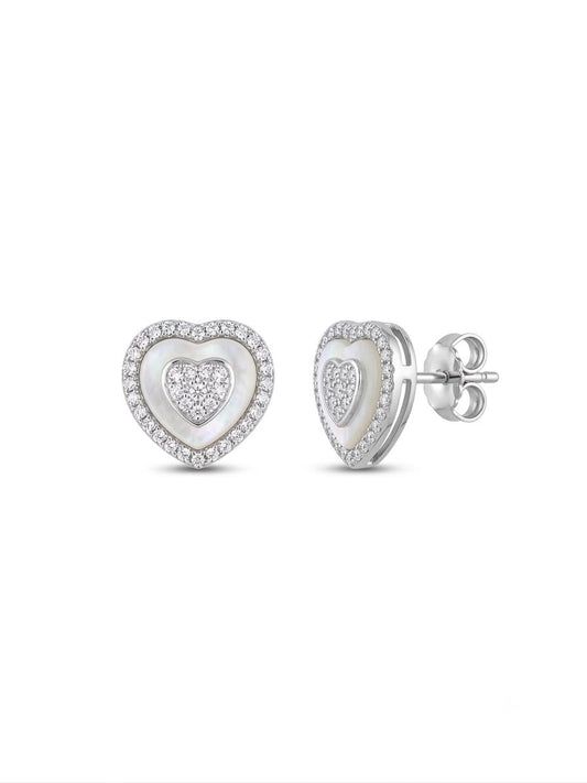 Mother of Pearl and Pavé CZ Layered Heart Earrings