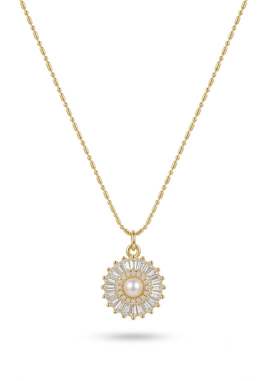 Pearl & Baguette CZ Sunburst Medallion Necklace