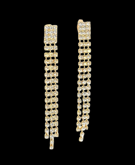 Shiny CZ Long 3 strand Tassel Stud Earrings