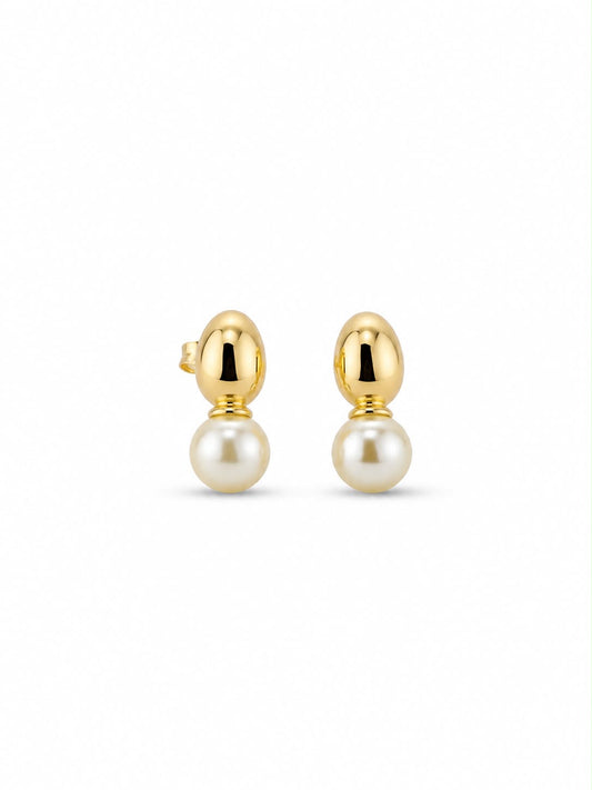 Gold Oval Dome and Pearl Drop Stud Earrings