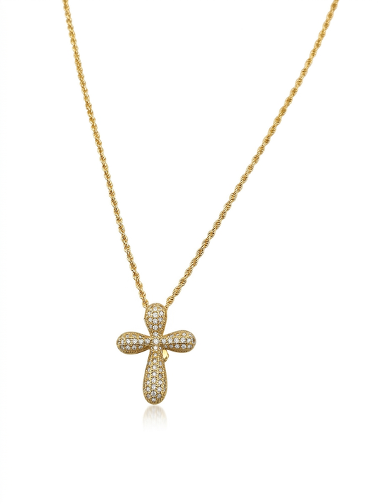 Pave Petal Cross Rope Chain Necklace