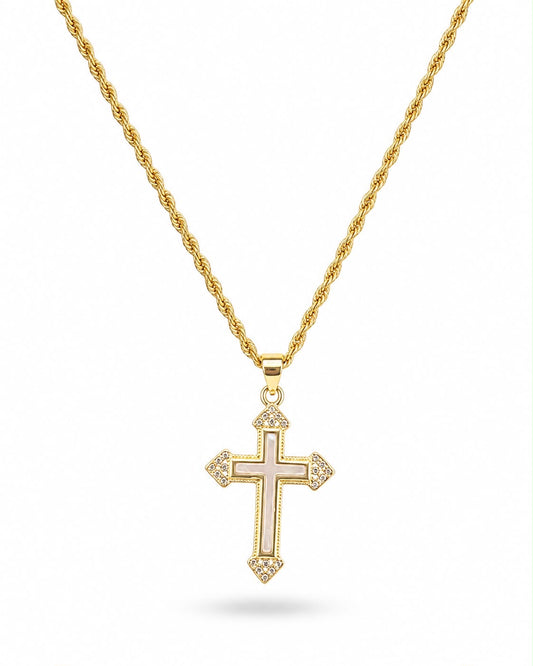 Mother of Pearl & CZ Ornate Cross Pendant Necklace