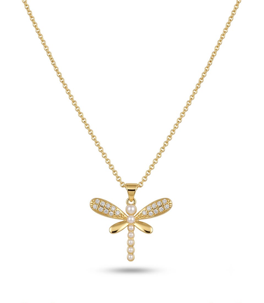 Pearl & Pavé CZ Dragonfly Pendant Necklace